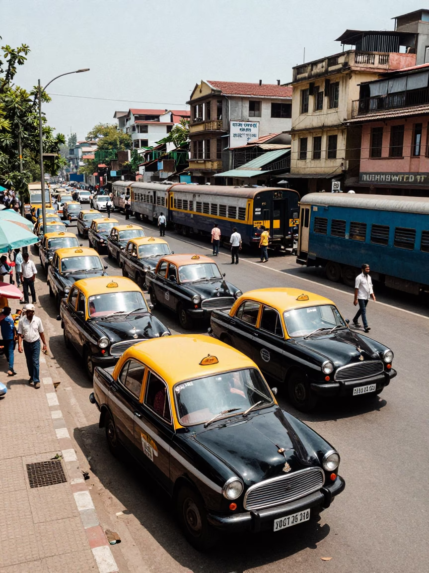 Kolkata India Noon Street Scene with Taxi Rank and Local Life in in Kolkata, India