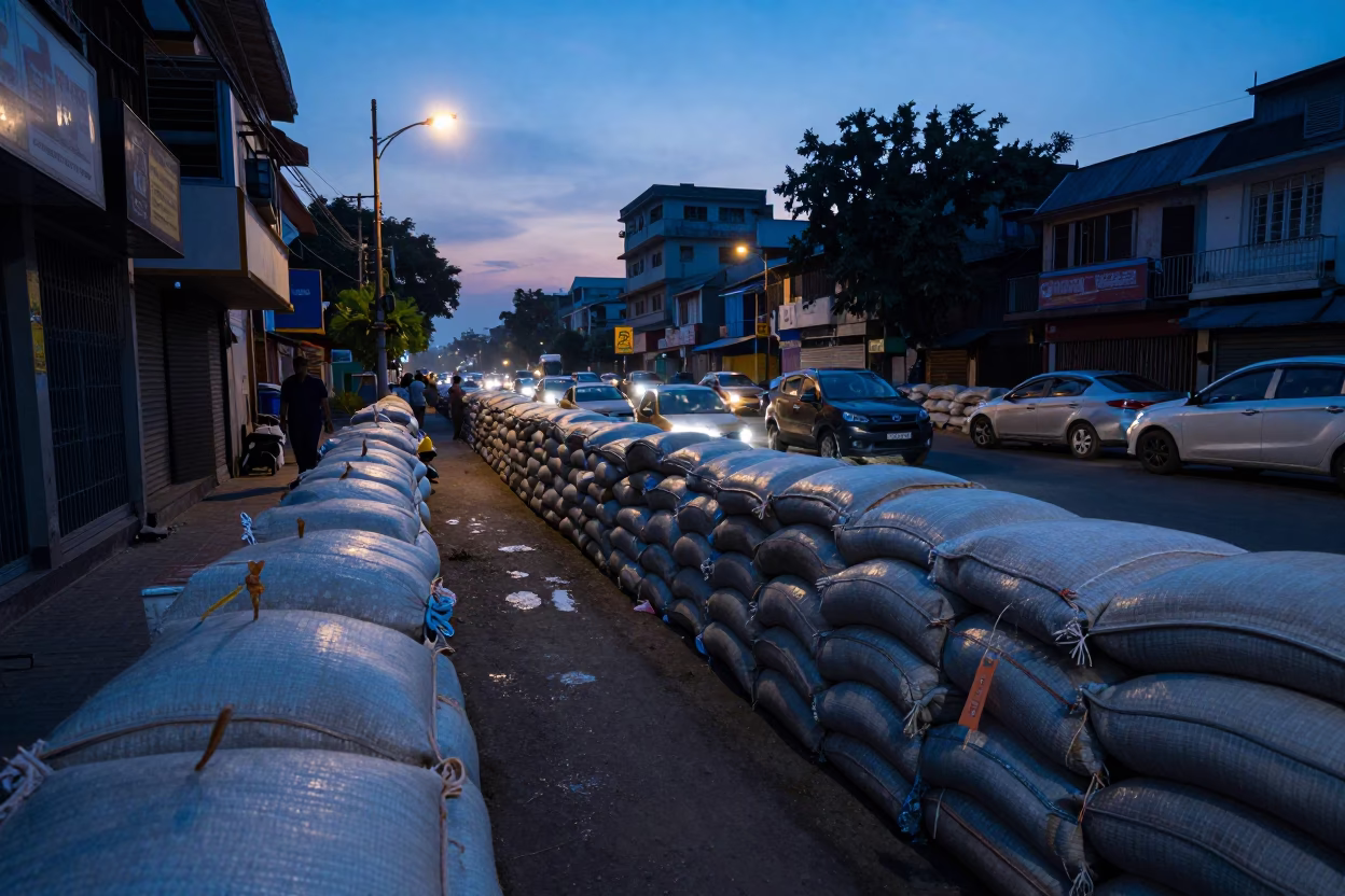 Kolkata India pre-dawn street scene with sandbags and morning light in in Kolkata, India