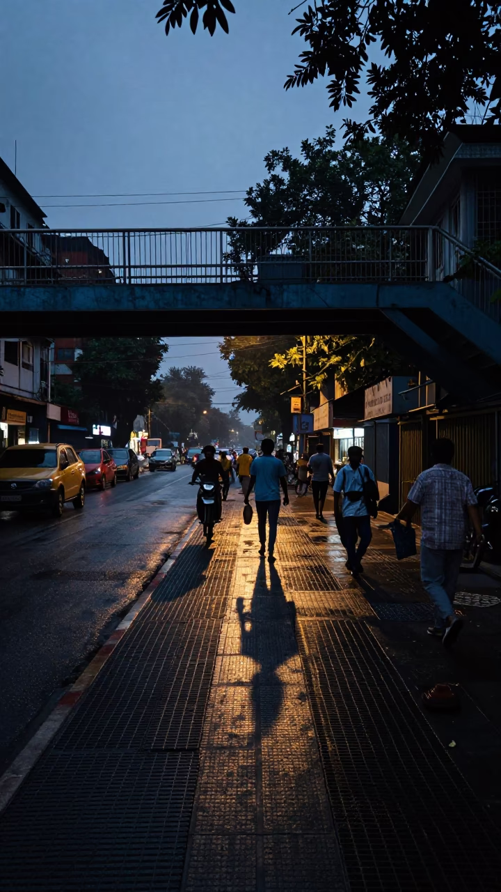 Kolkata India predawn street scene wet pedestrian overpass and local commerce in in Kolkata, India