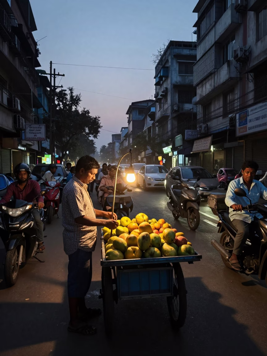 Kolkata India Predawn Street Scene With Early Morning Commuters And Street Vendors in in Kolkata, India