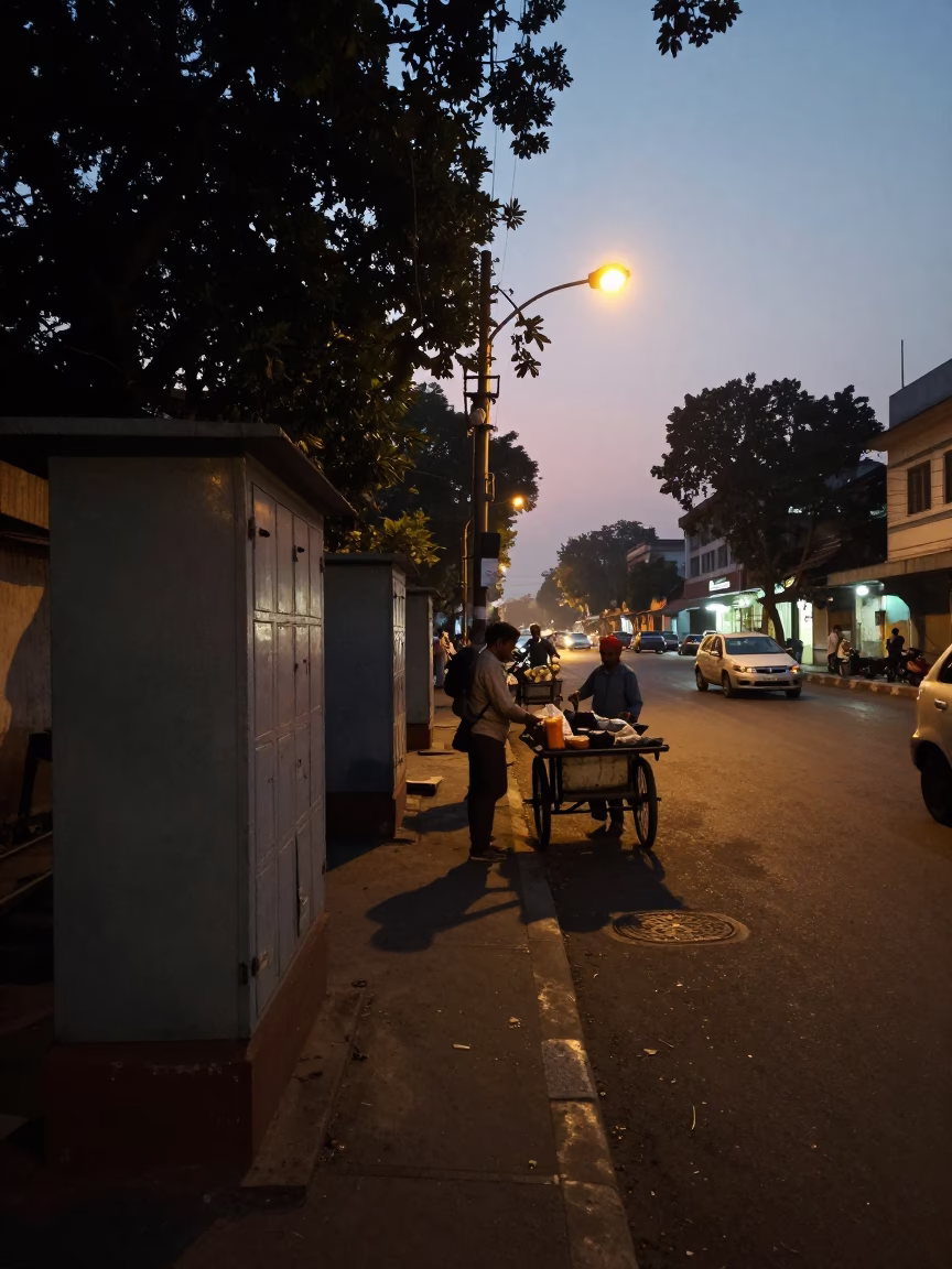 Kolkata India predawn street scene with railway station cupboards and morning commuters in in Kolkata, India
