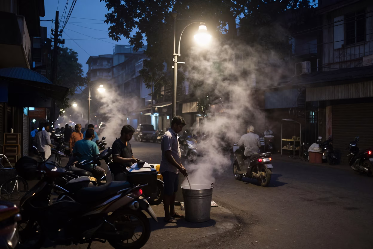 Kolkata India Predawn Street Scene with Steam Haze and Night Market Activity in in Kolkata, India