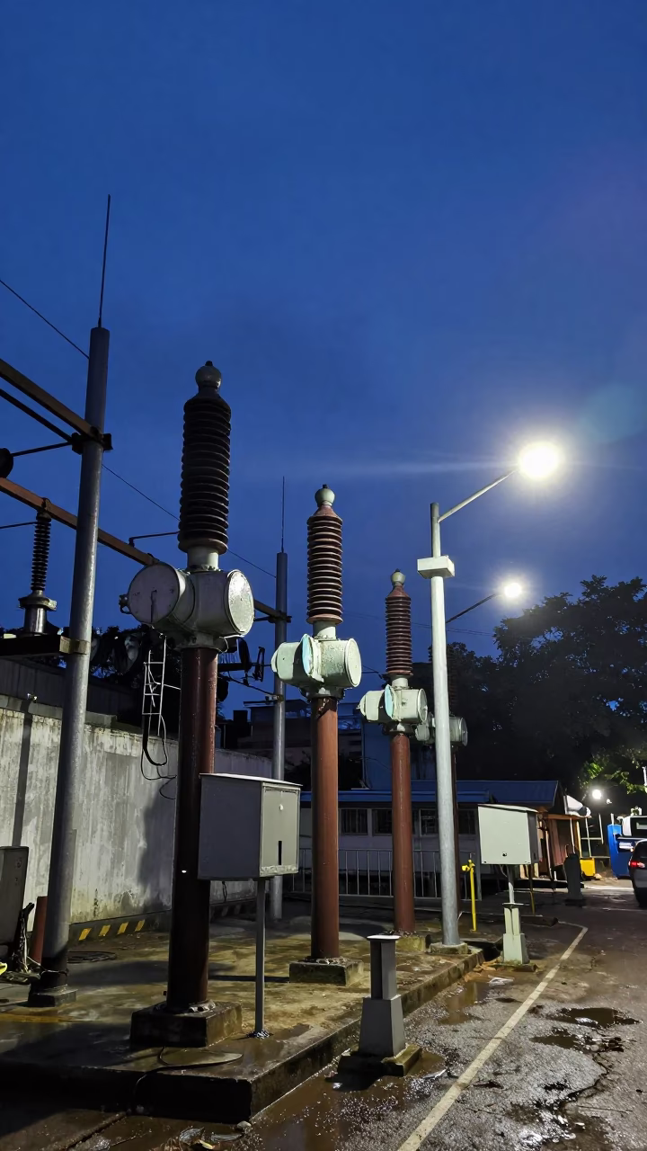 Kolkata India Predawn Street Scene with Substation Insulators and Urban Infrastructure in in Kolkata, India