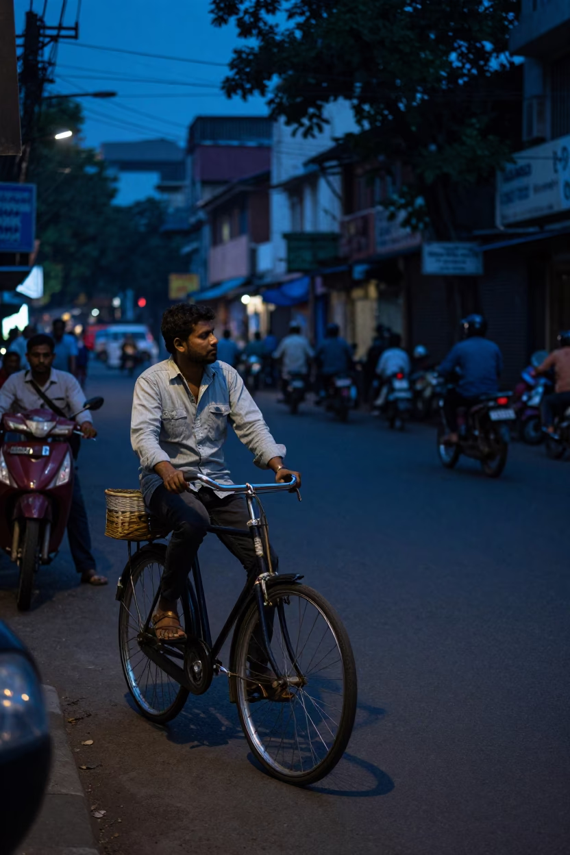 Kolkata India Predawn Street Scene with Vintage Bicycle and Local Market Stalls in in Kolkata, India