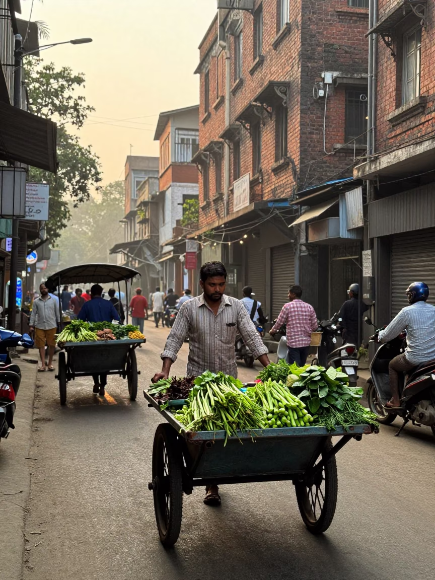Kolkata India street scene after sunrise with rolling carts and local commerce in in Kolkata, India