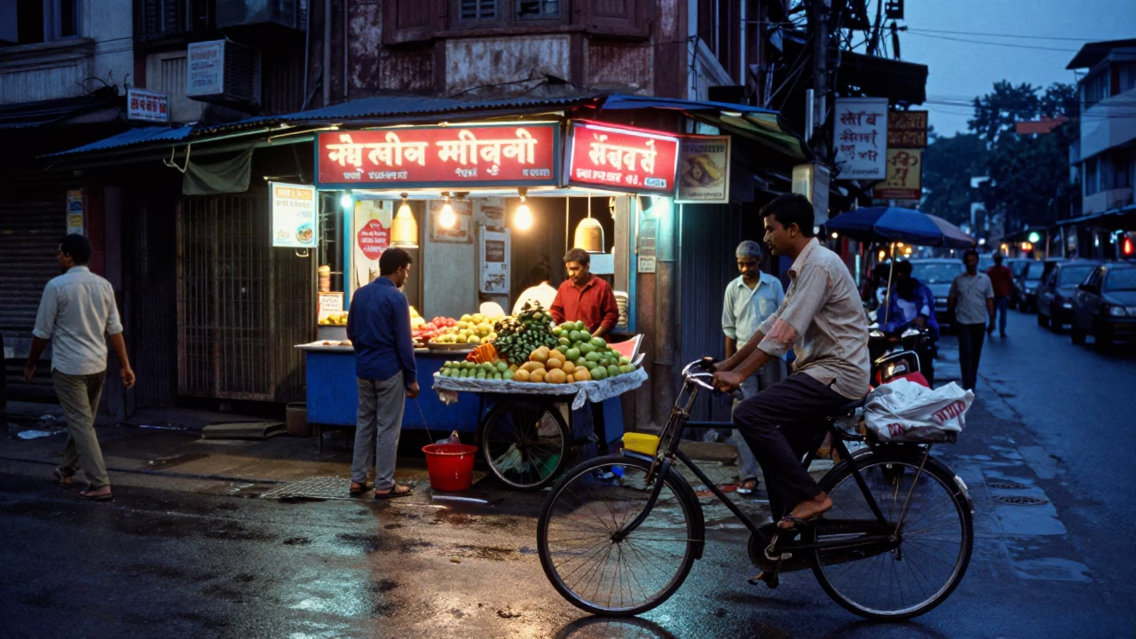 Kolkata India street scene at blue hour with bicycle and vendor in in Kolkata, India