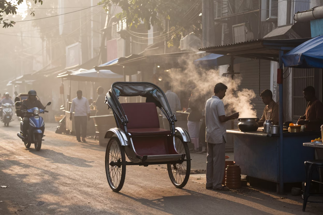 Kolkata India street scene at dawn with rickshaw and morning light in in Kolkata, India