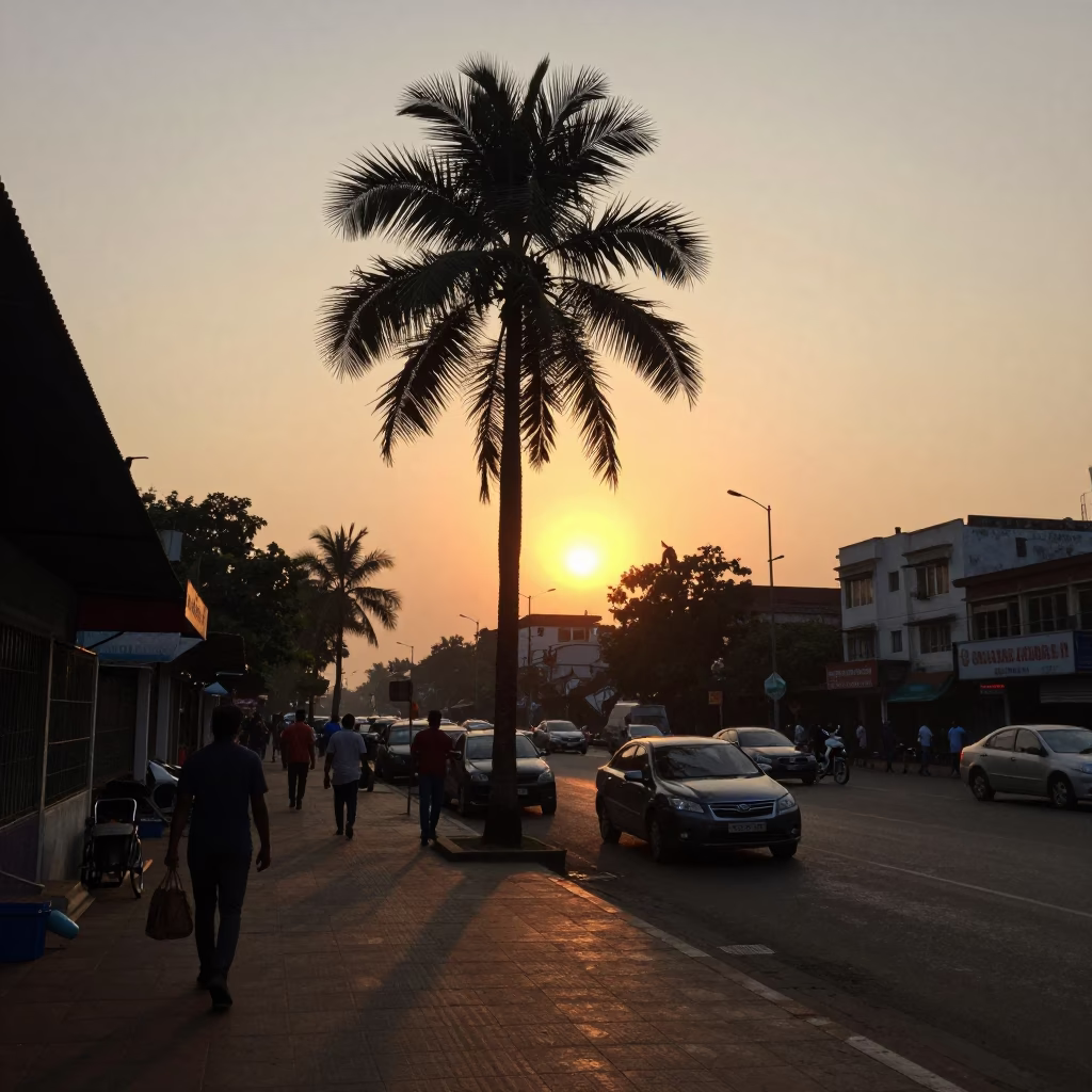 Kolkata India Street Scene at Sunset with Palm Tree Silhouette and Newspaper Stand in in Kolkata, India