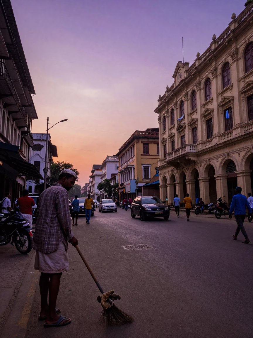Kolkata India street scene at sunset with workers and traditional architecture in in Kolkata, India