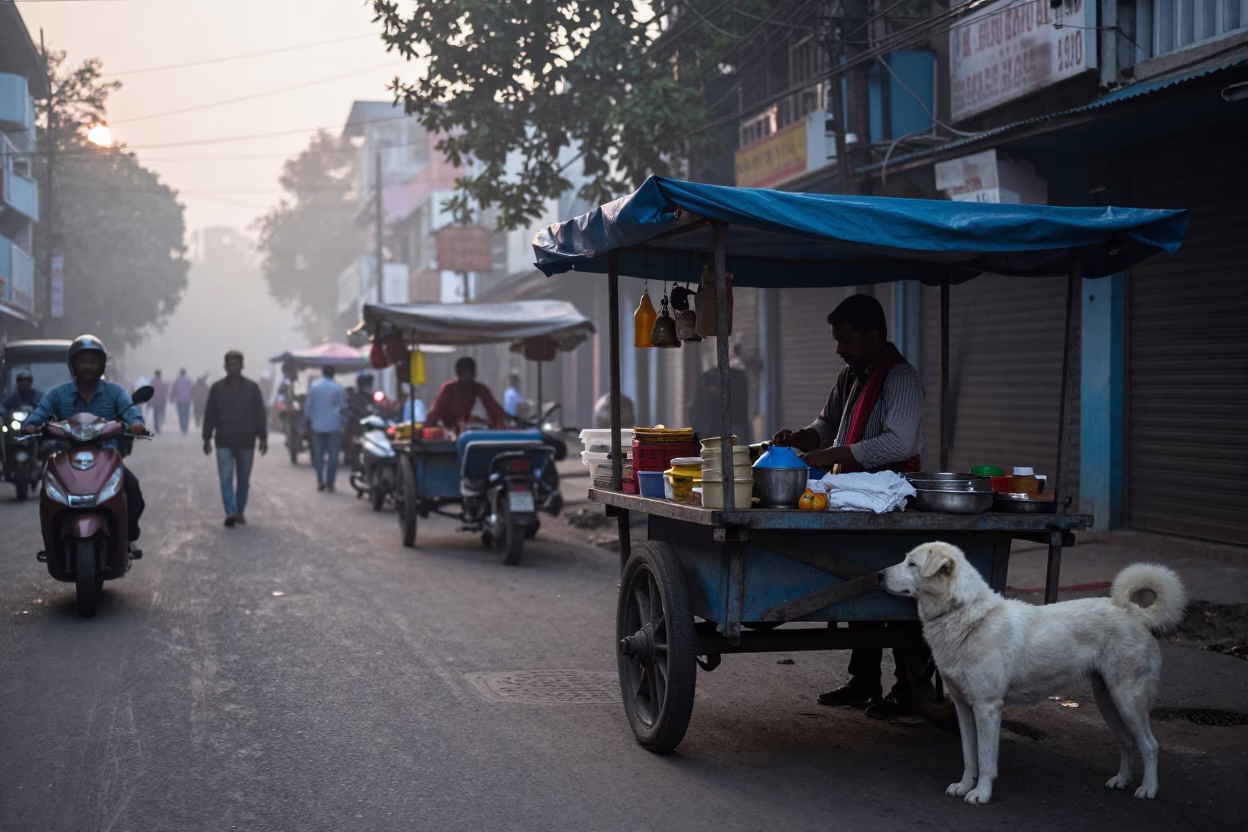 Kolkata India street scene before sunrise with vendor and white dog in in Kolkata, India