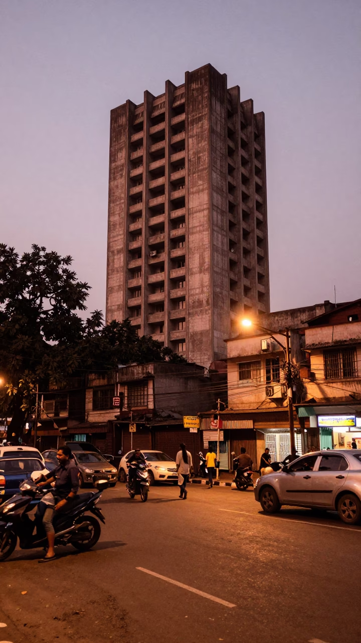 Kolkata India Street Scene in Copper Dusk Light with Concrete Tower and Daily Life in in Kolkata, India