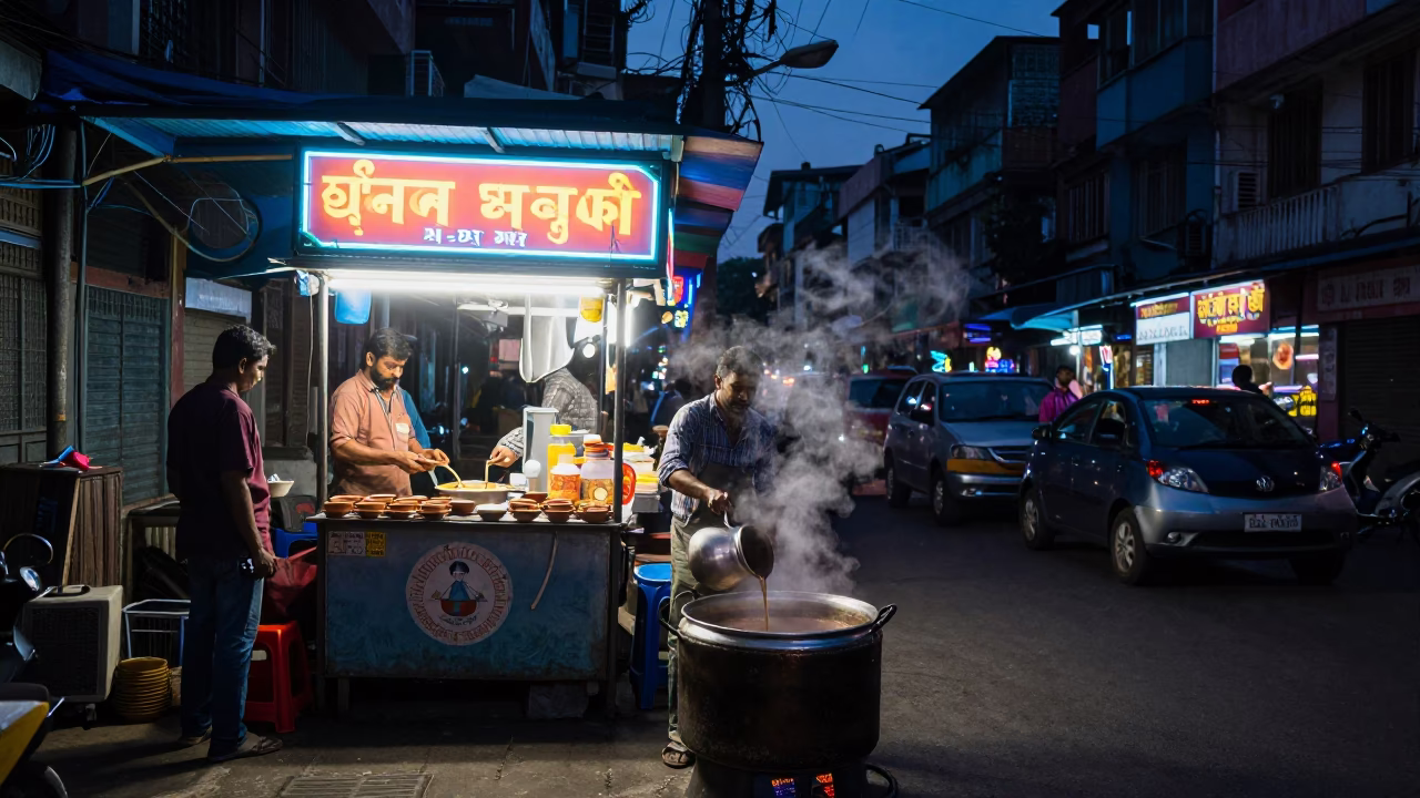 Kolkata India Street Scene in Predawn Darkness with Neon Lights and Daily Life in in Kolkata, India