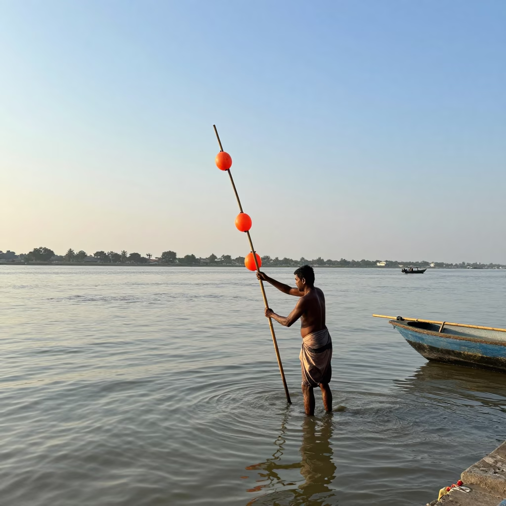 Kolkata India Street Scene Late Afternoon Light with Fisherman and Fishing Floats in in Kolkata, India