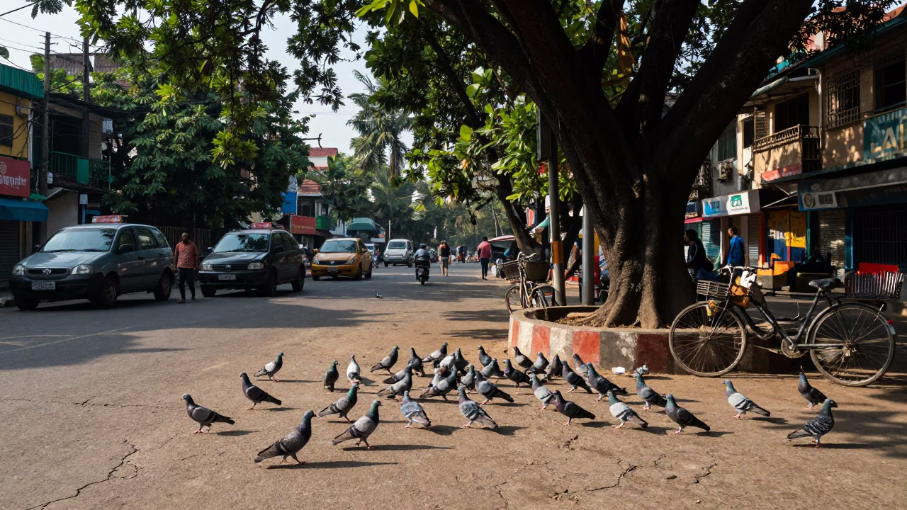 Kolkata India Street Scene with Pigeons and Trees in Late Afternoon Light in in Kolkata, India