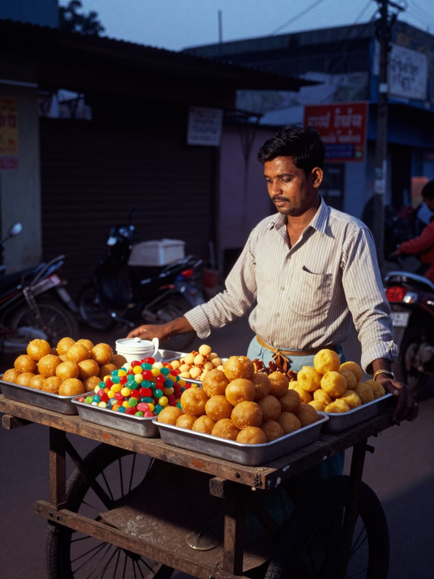 Kolkata India street vendor selling sweets at blue hour with colorful sweets in in Kolkata, India