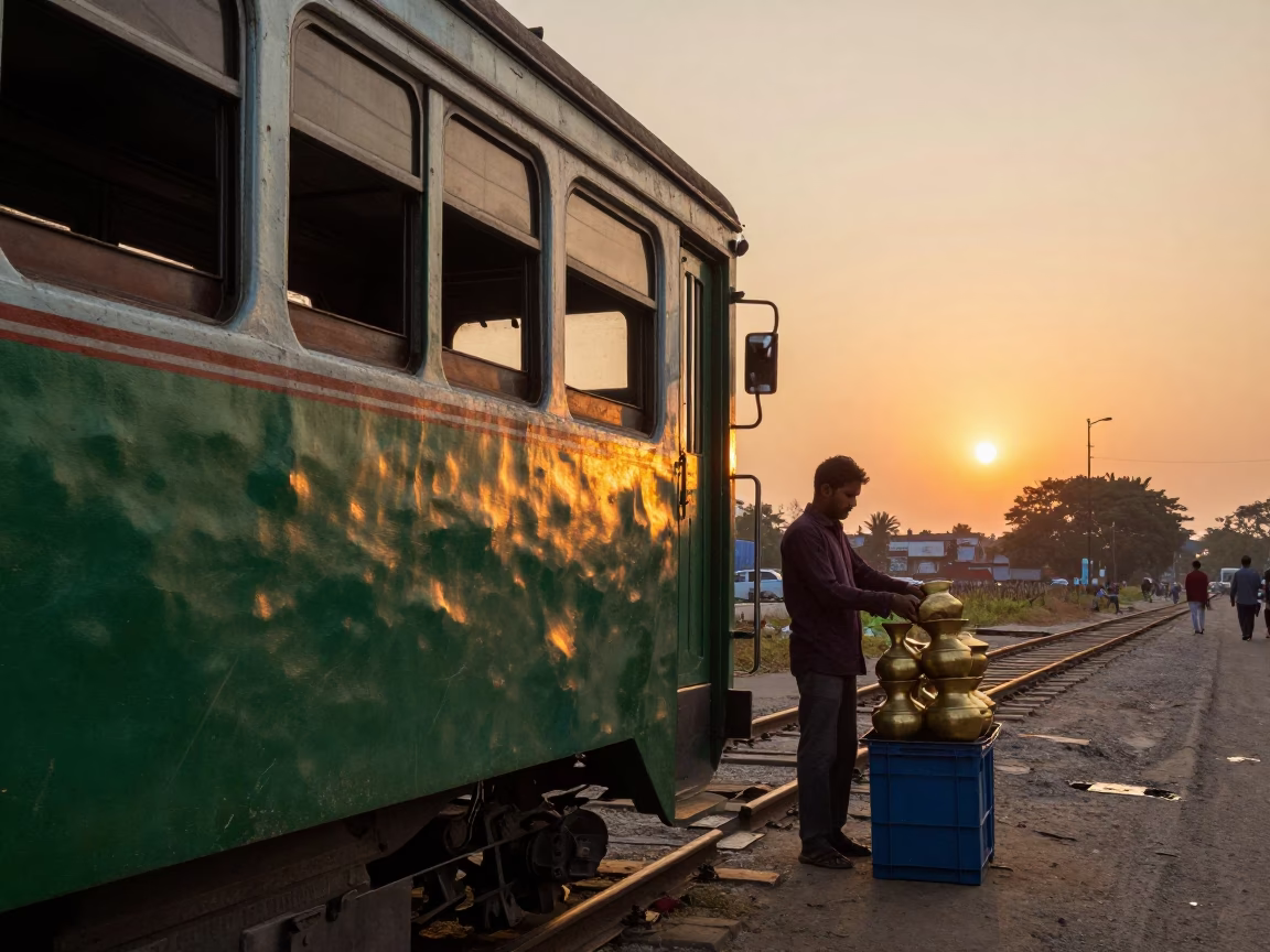 Kolkata India Tram Carriage Detail at Sunset with Street Vendor Utensils in in Kolkata, India