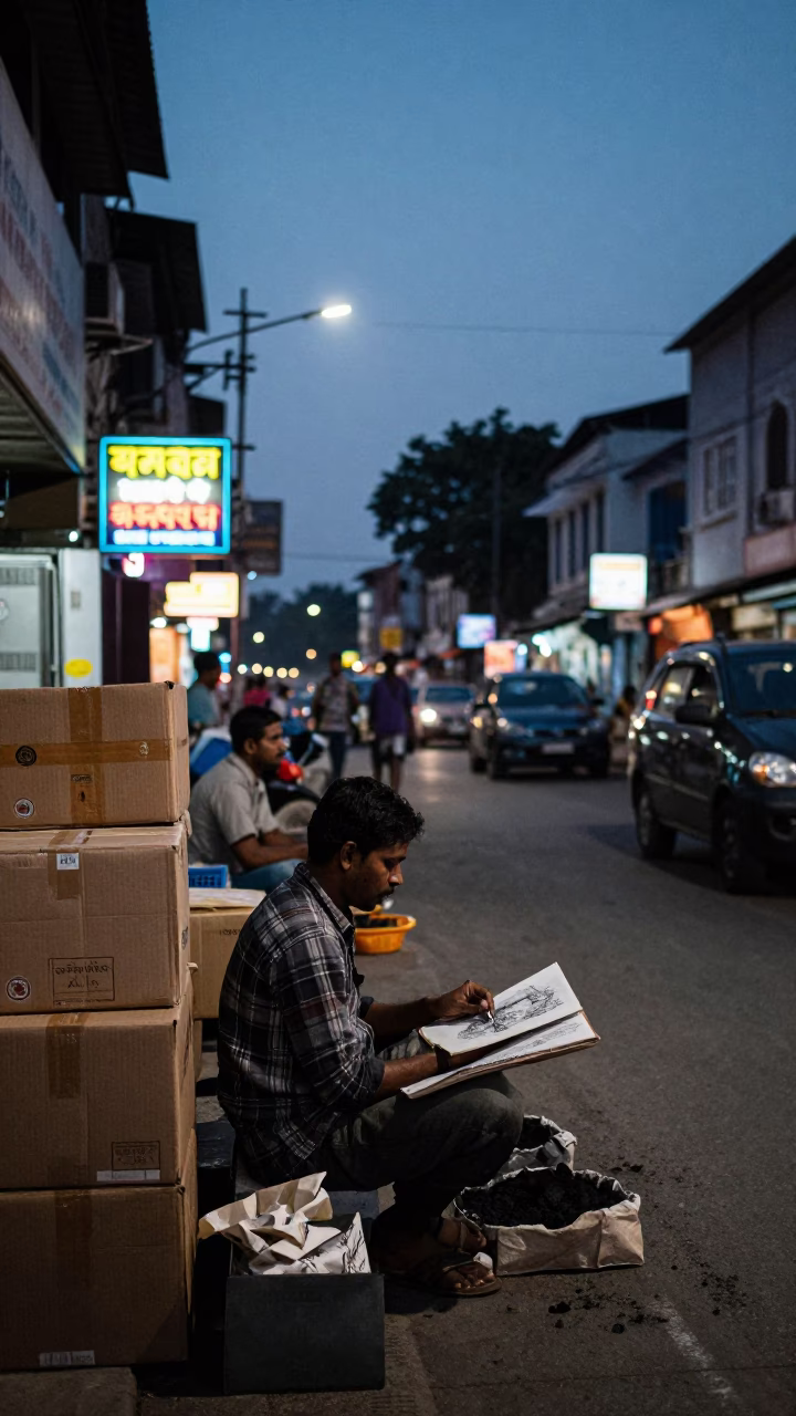Kolkata India Twilight Street Scene with Local Vendor and Charcoal Sketchbook in in Kolkata, India