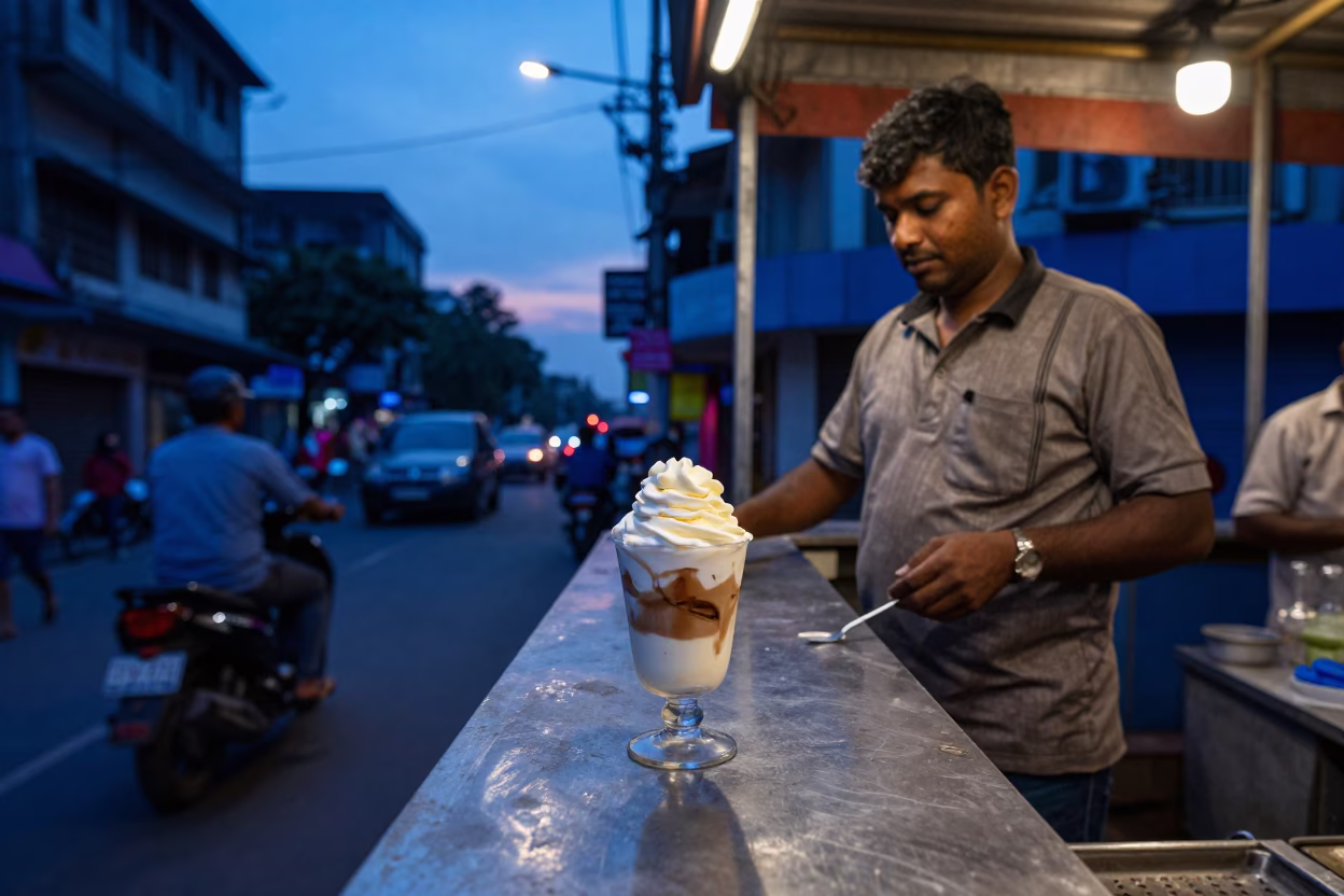 Kolkata Indigo Twilight Street Scene with Affogato Cup and Scratched Rim in in Kolkata, India