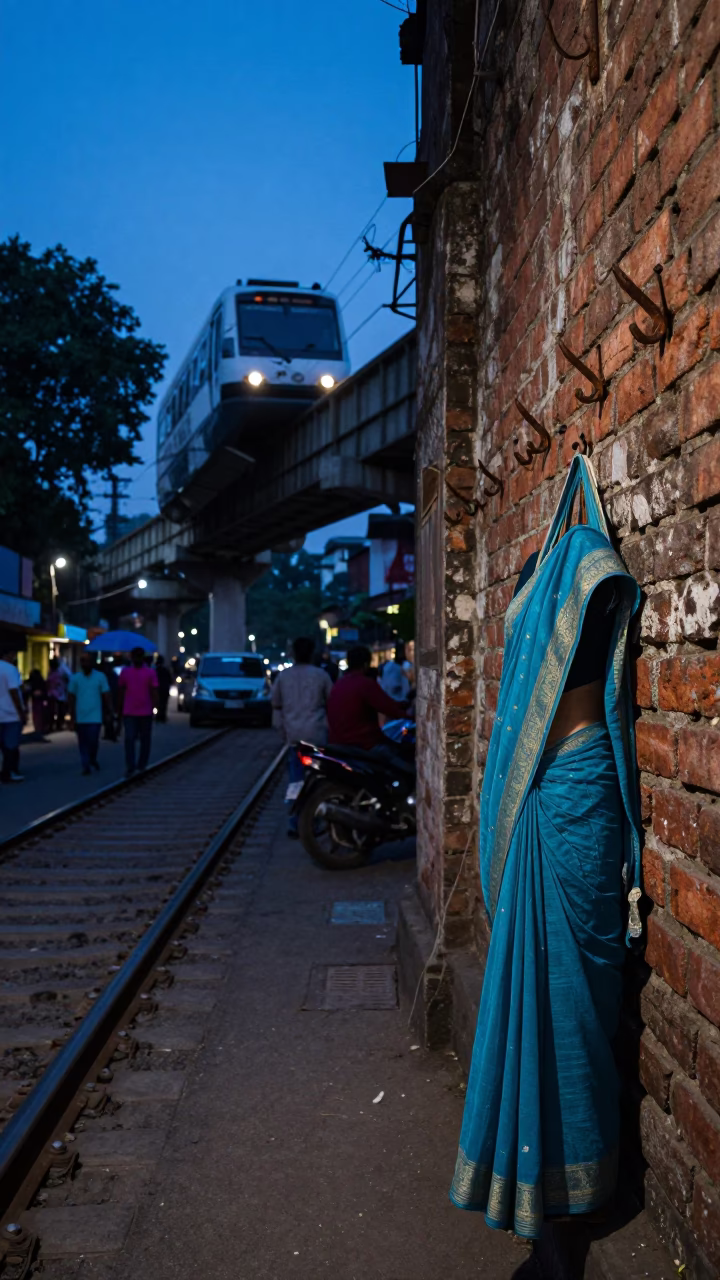 Kolkata indigo twilight street scene with monorail and hanging coat hooks in in Kolkata, India