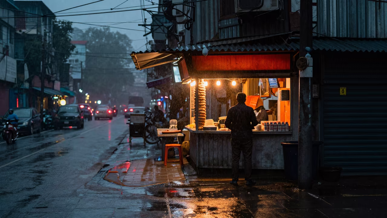 Kolkata Kebab Shop Sleet Tram Stop Silhouette in at a tram stop in Kolkata
