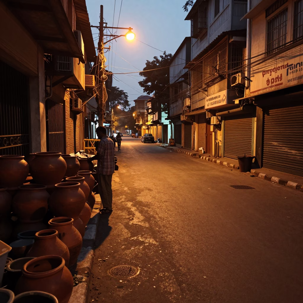 Kolkata Light Street at Copper-toned Light Before Dusk in in Kolkata, India