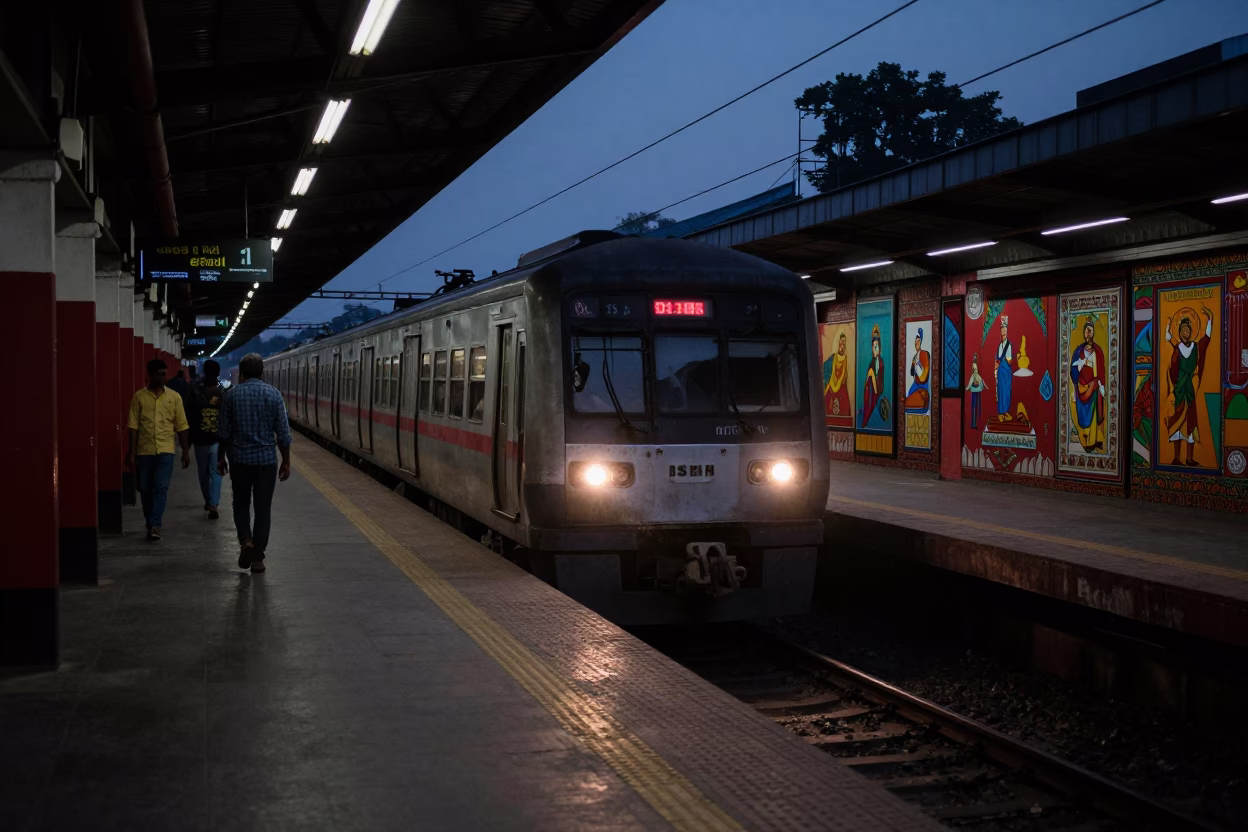 Kolkata Metro Art Station Predawn Arrival with Commuters and Street Vendors in in Kolkata, India