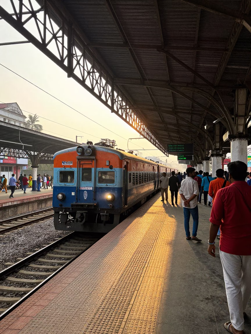 Kolkata Morning Commuter Train Arrival at Platform with Local Street Life in in Kolkata, India