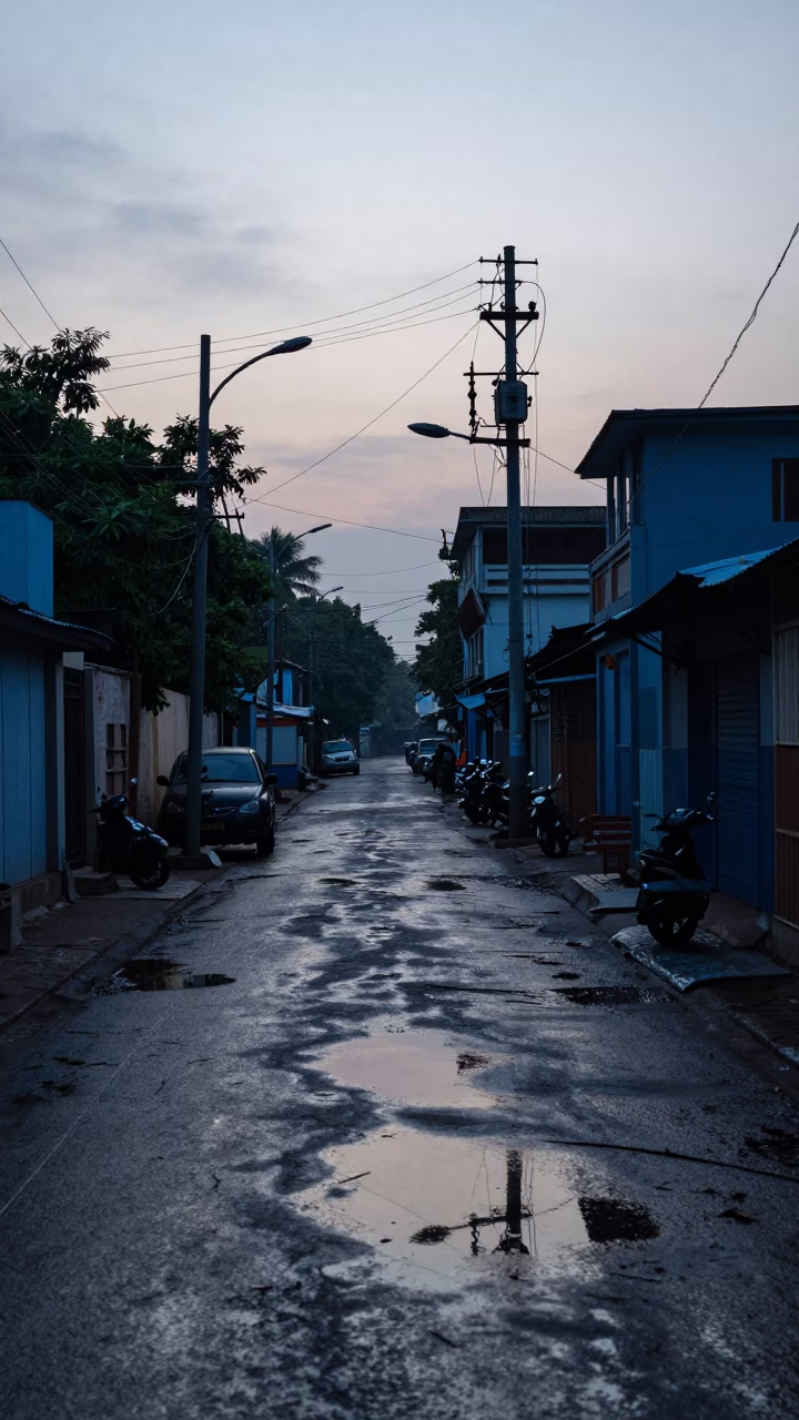 Kolkata Nautical Dawn Street Scene with Substation Puddle and Khao Soi Bowl in in Kolkata, India