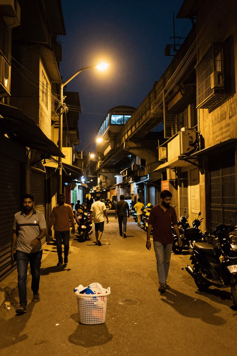 Kolkata Night Street Scene with Laundry Basket and Monorail Reflection in in Kolkata, India
