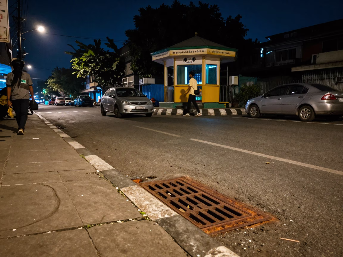 Kolkata Night Street Scene with Rusty Drain and Substation Glow in in Kolkata, India