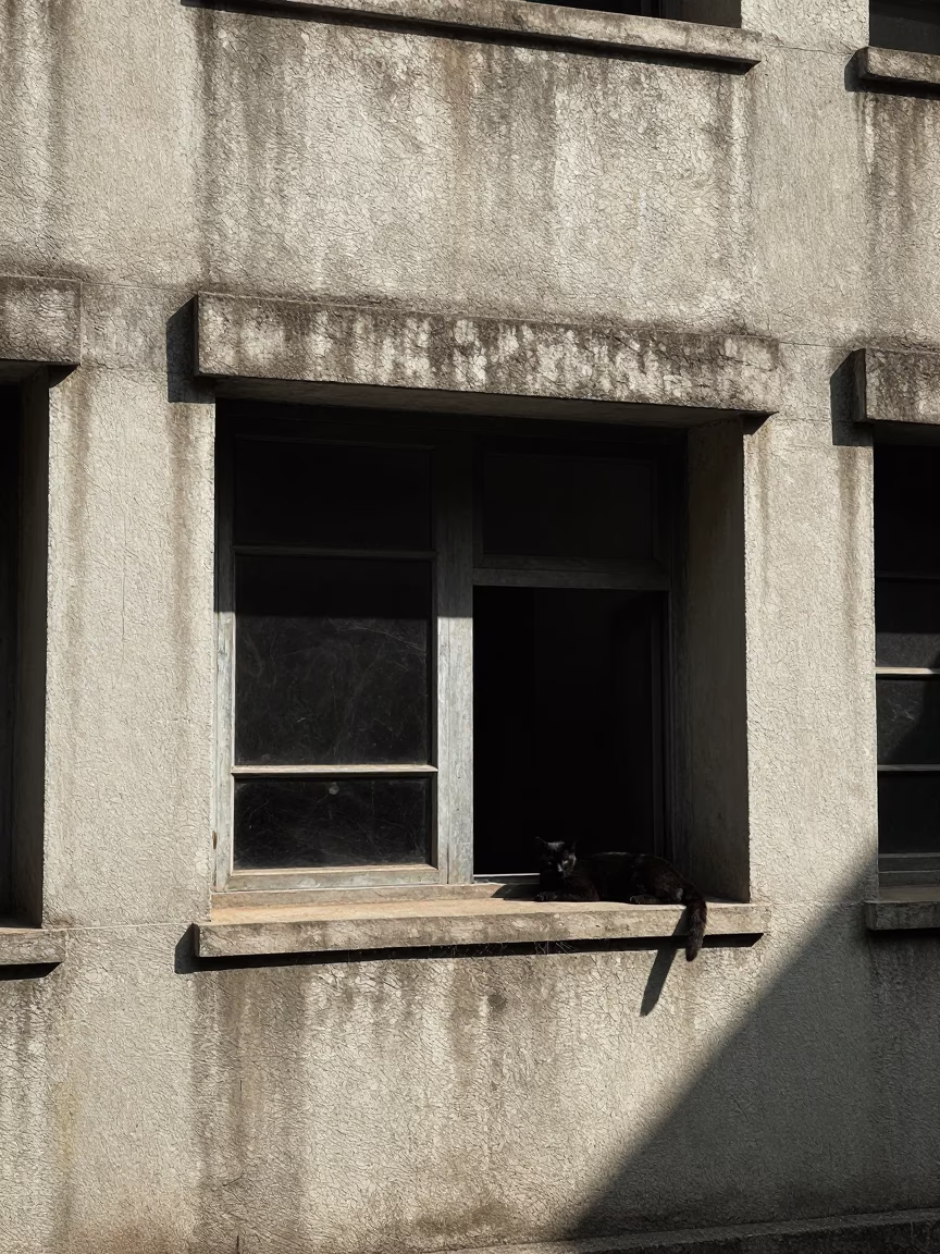 Kolkata Noon Street Scene with Black Cat on Window and Concrete Brutalist Architecture in in Kolkata, India
