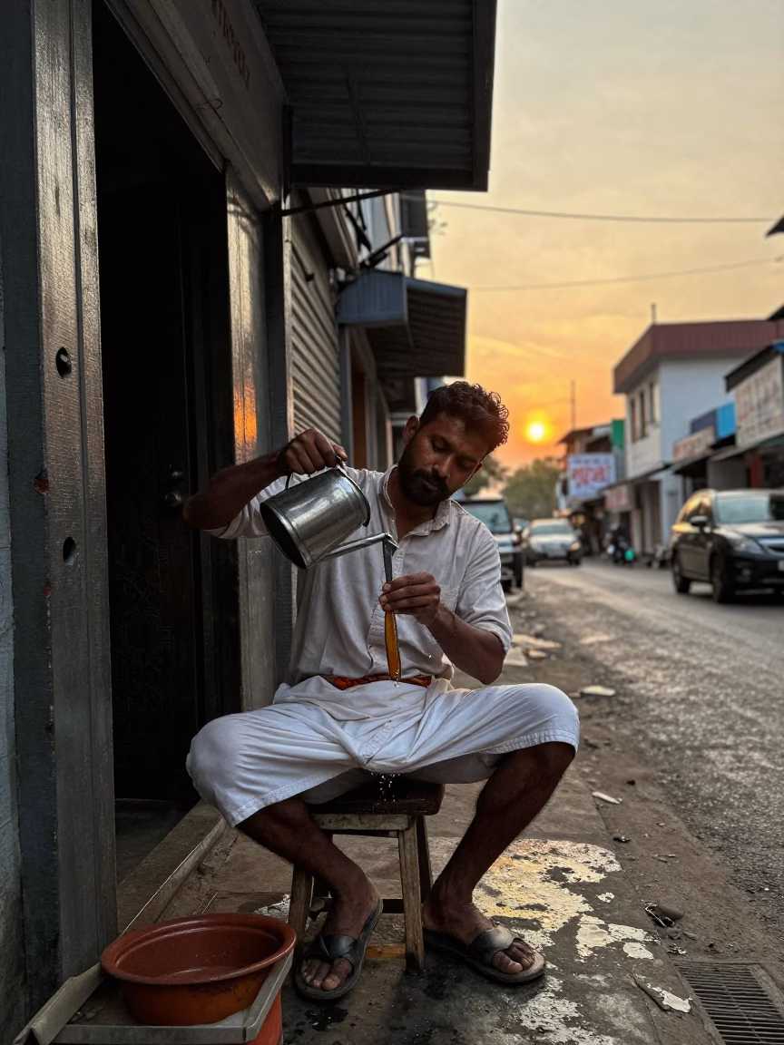 Kolkata Street Barber Sunset Scene with Watering Jug and Stool in in Kolkata, India