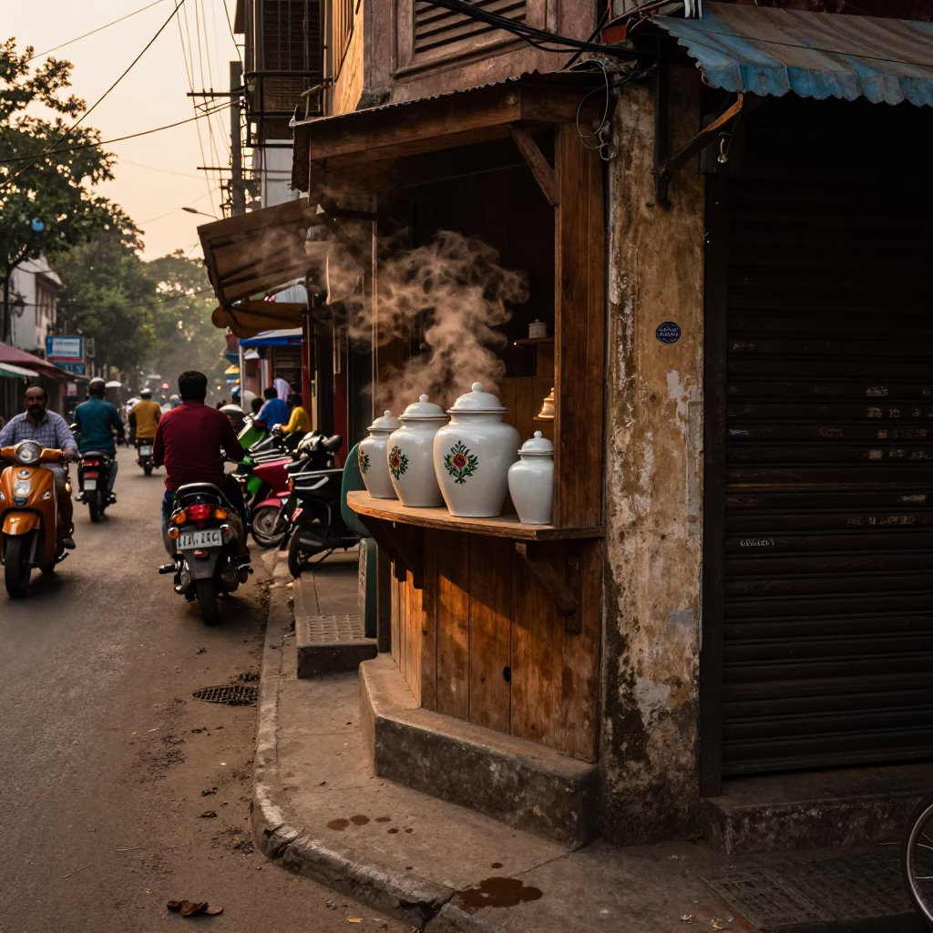 Kolkata Street Corner Evening Life with Tea Stains and Porcelain Jar in Honeyed Light in in Kolkata, India