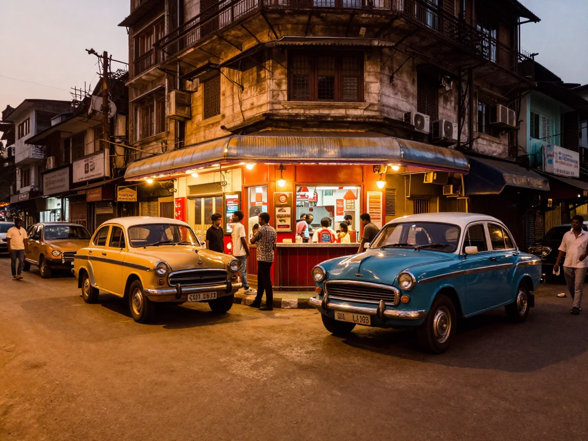 Kolkata Street Corner Evening Light with Vintage Car and Iron Bridge in in Kolkata, India