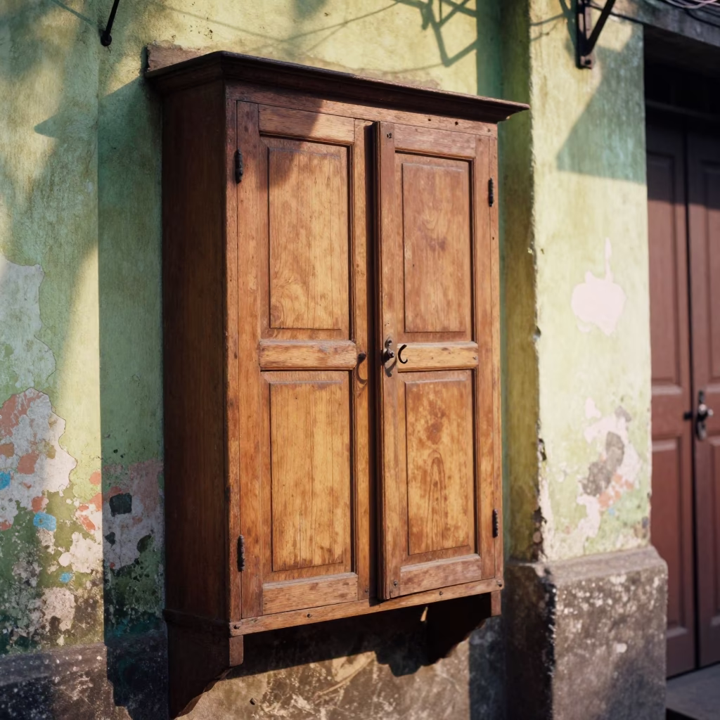 Kolkata Street Corner Late Afternoon Light Wooden Cabinet Wall Hook and Amulet Scene in in Kolkata, India