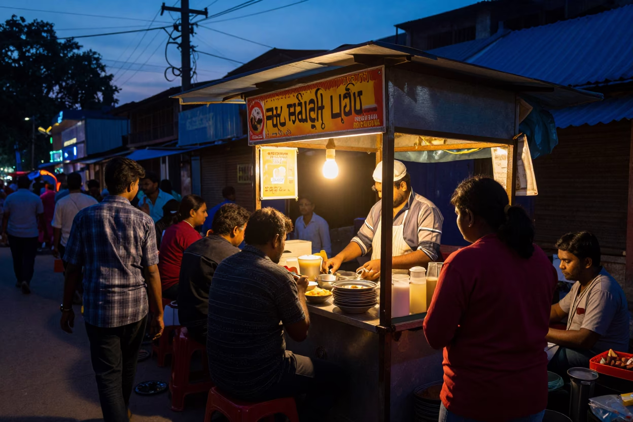 Kolkata Street Food Stall at Indigo Twilight with Lassi and Clay Pots in in Kolkata, India