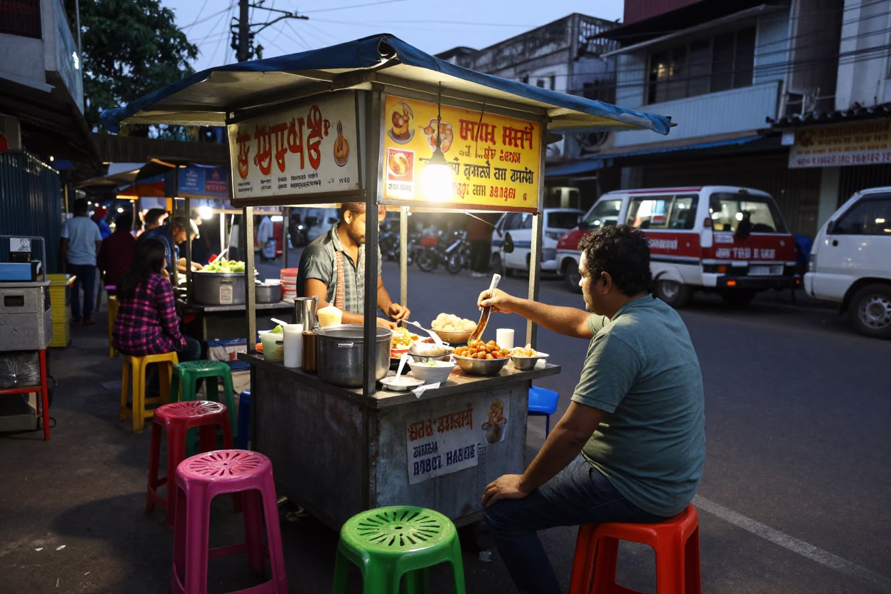 Kolkata street food stall early evening taho and local vendors in in Kolkata, India