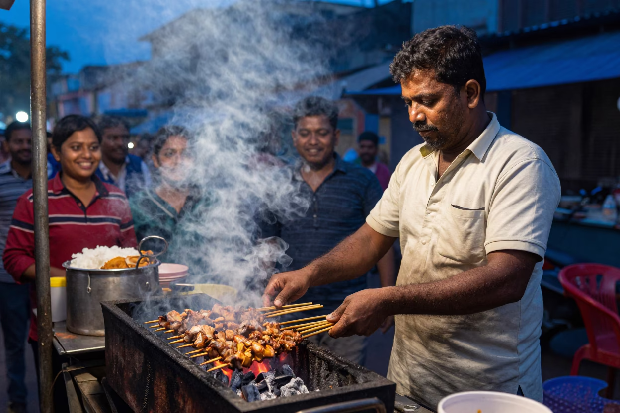 Kolkata street food vendor grilling kebabs at blue hour with smiling customers in in Kolkata, India
