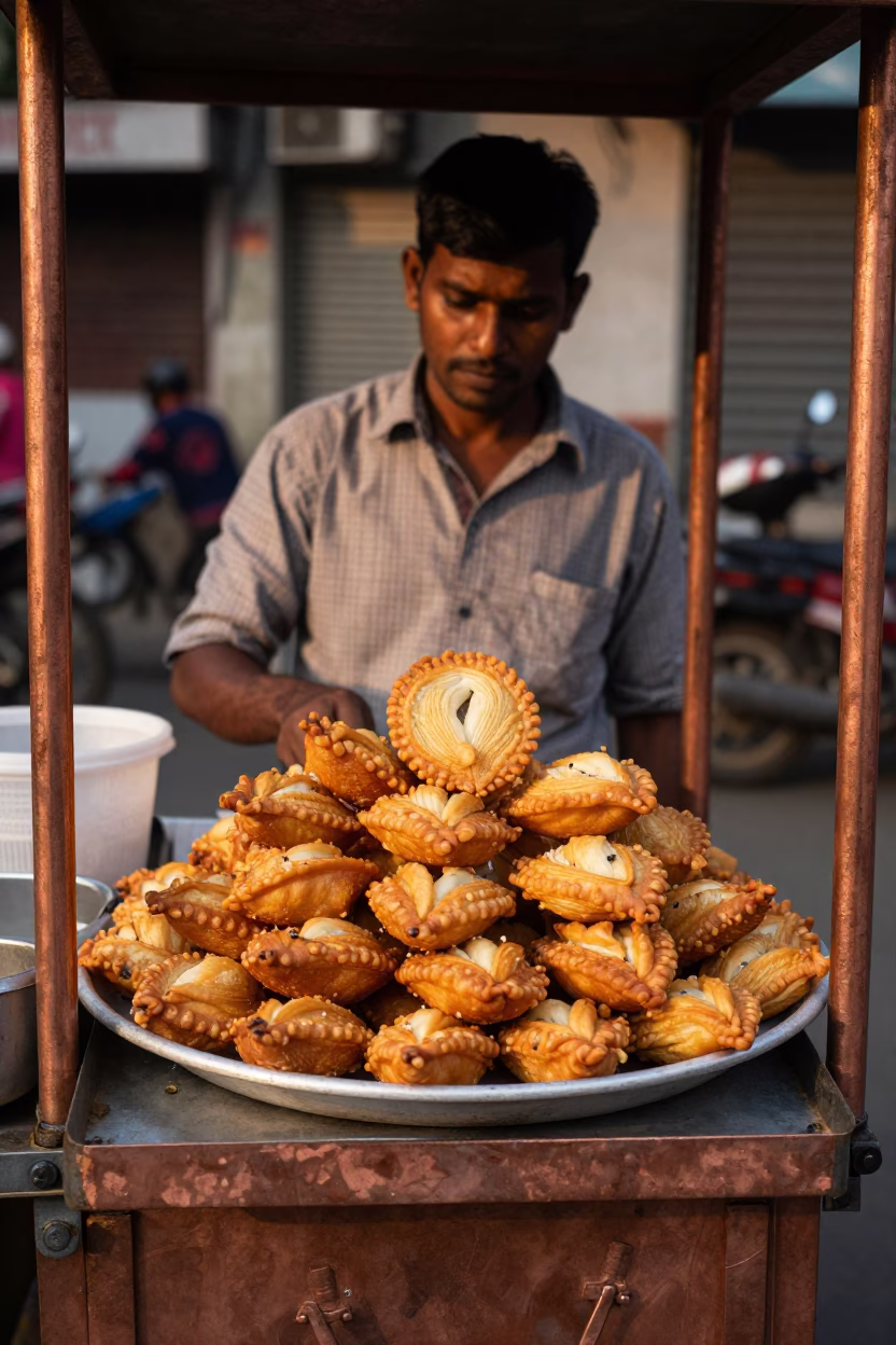 Kolkata street food vendor selling crispy golden palmiers under copper dusk light in in Kolkata, India