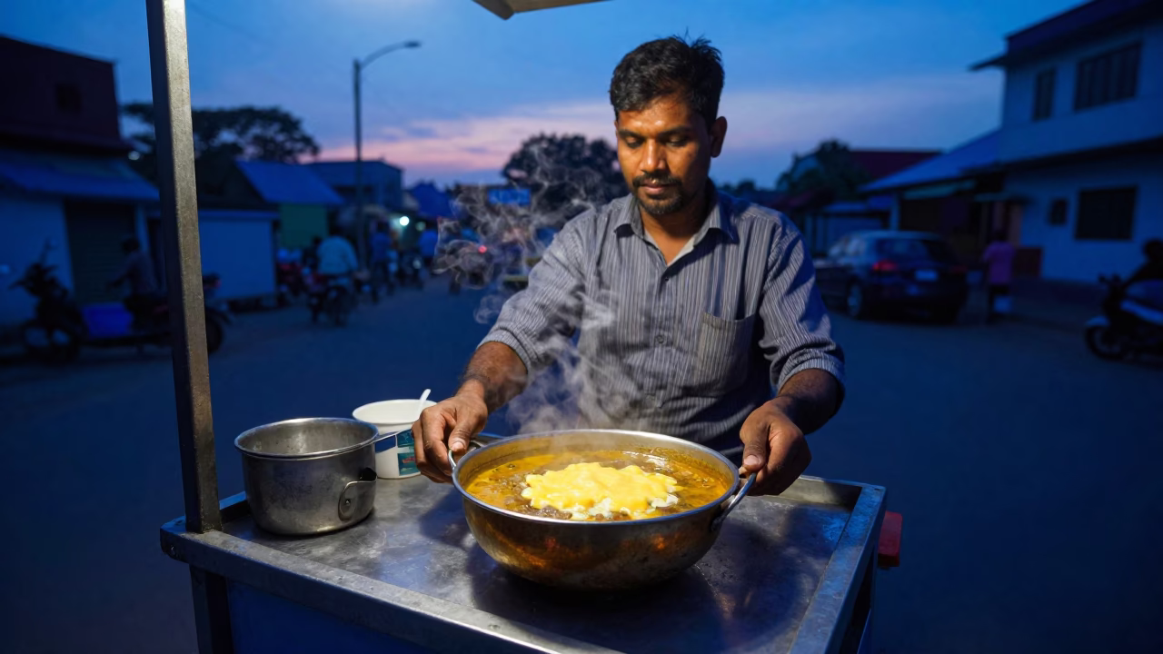 Kolkata Street Food Vendor Serving Hot Soup Under Indigo Twilight Sky in in Kolkata, India