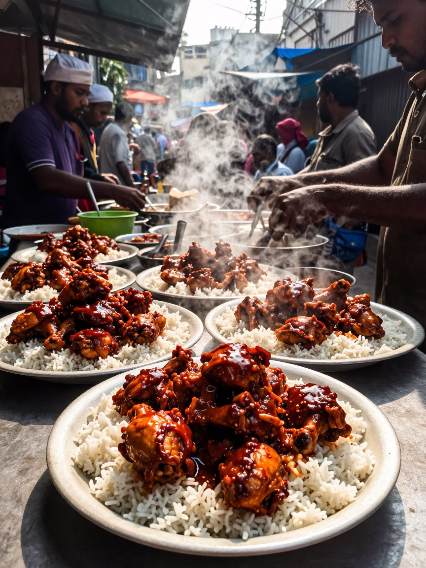 Kolkata street food vendor serving plates of steaming chicken adobo with rice at midday in in Kolkata, India