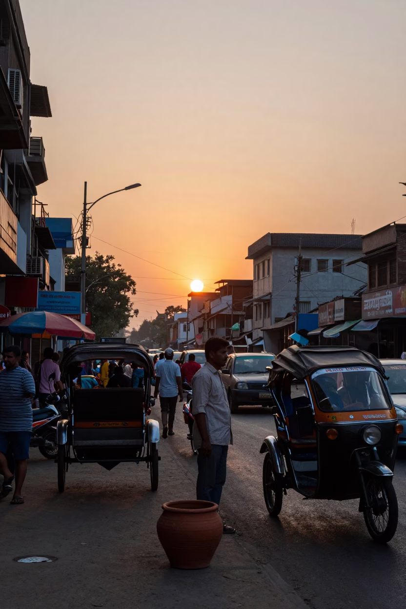 Kolkata Street Life at Sunset with Terracotta Pot and Vintage Ambience in in Kolkata, India