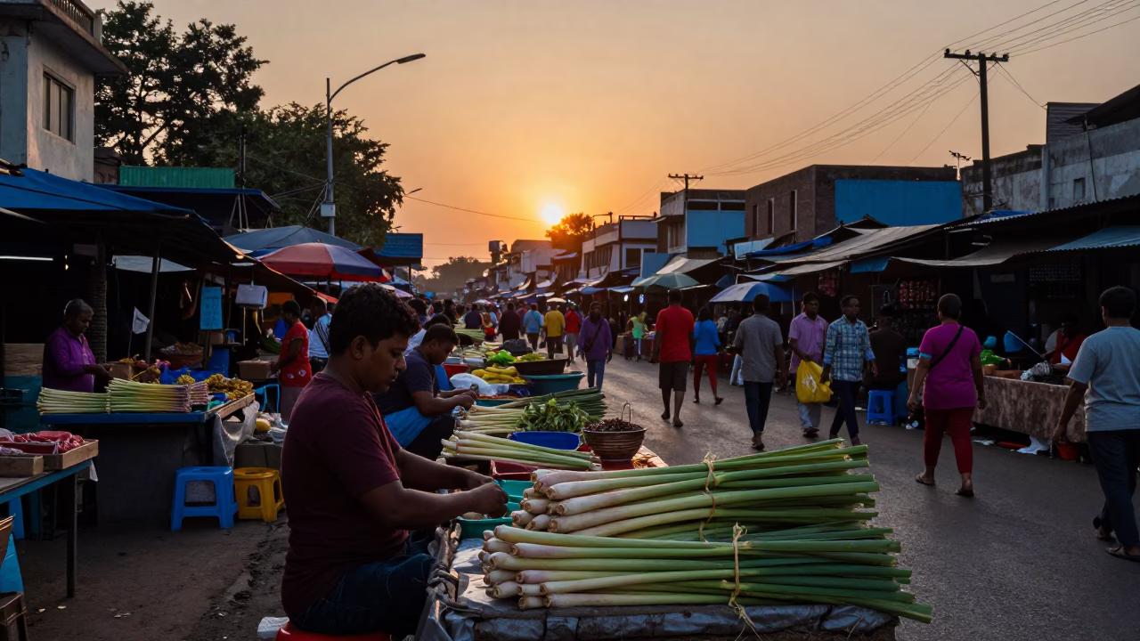 Kolkata Street Market Evening Scene with Lemongrass and Local Commerce in in Kolkata, India
