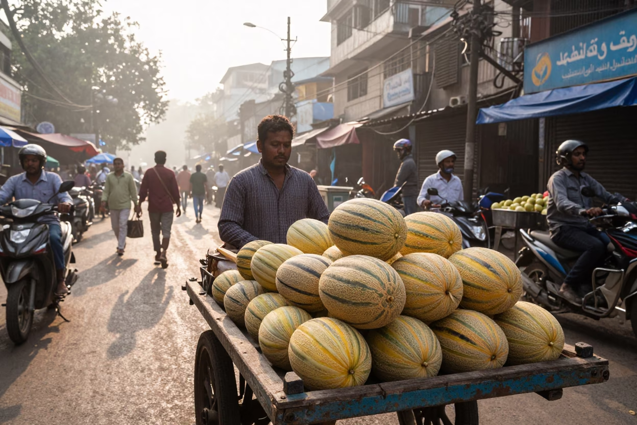 Kolkata street market vendor displaying fresh melons under early morning sunlight in in Kolkata, India