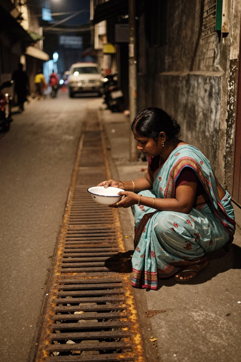 Kolkata Street Night Scene with Rusty Drain and Enamel Bowls in in Kolkata, India