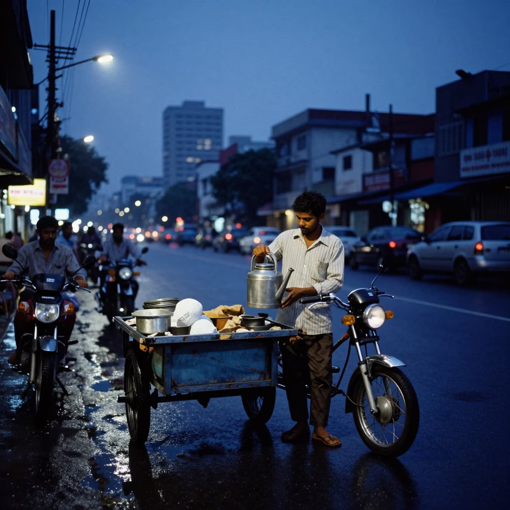 Kolkata street scene at blue hour with vendor and wet pavement in in Kolkata, India