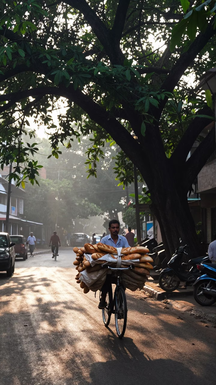 Kolkata Street Scene at Dawn with Bicycle and Morning Light in in Kolkata, India