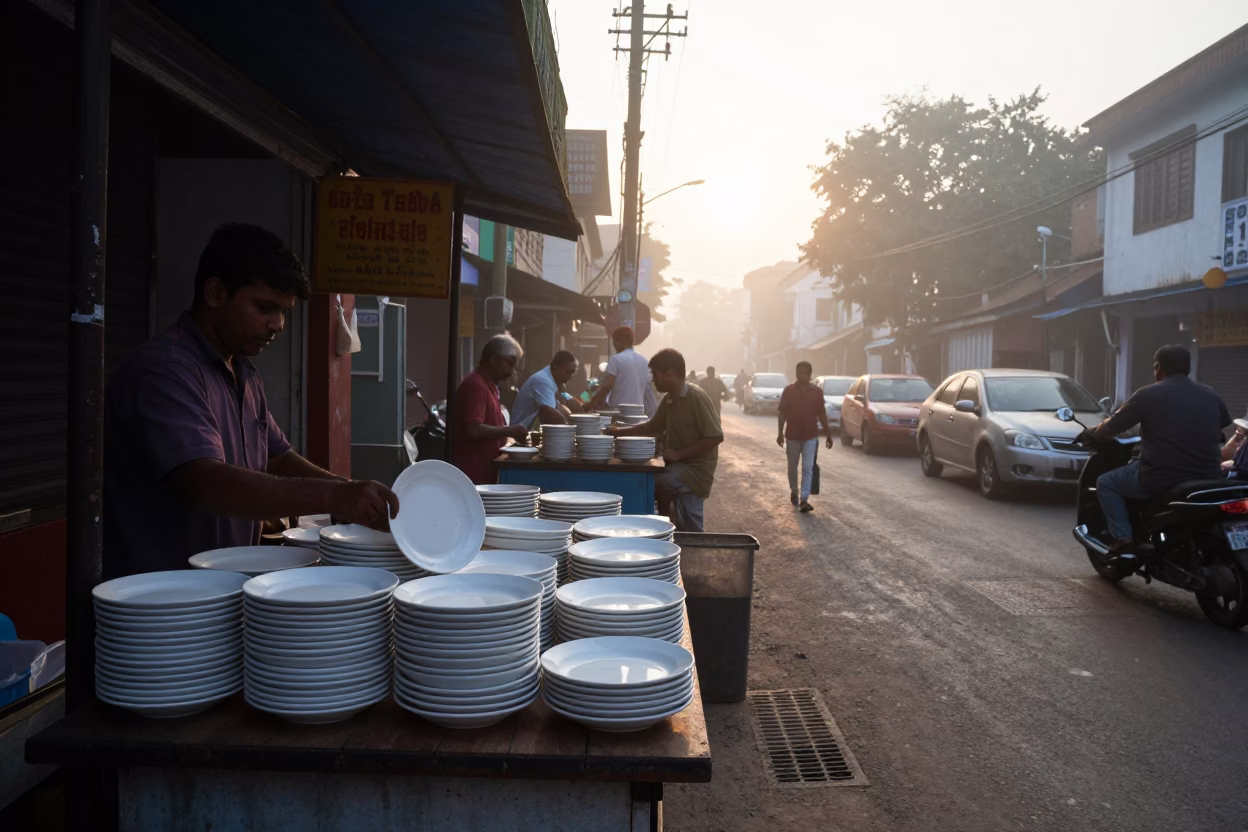 Kolkata Street Scene at Dawn with Ceramic Plate and Aloe Vera Plant in in Kolkata, India