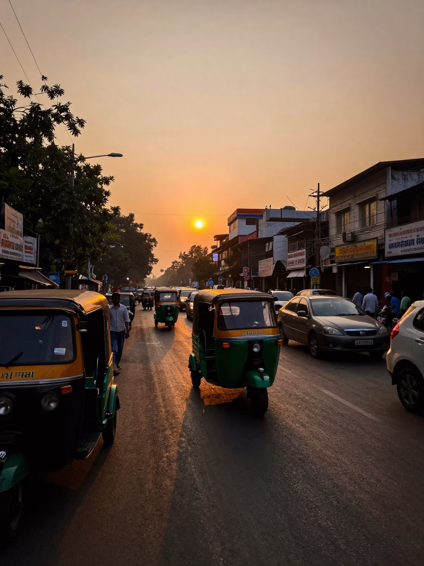 Kolkata Street Scene at Dusk with Auto-Rickshaw and Local Market Goods in in Kolkata, India