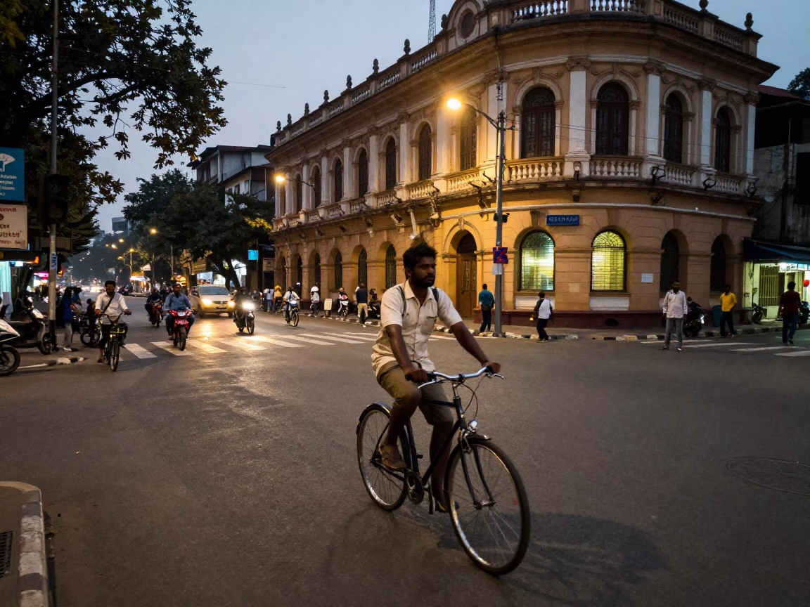 Kolkata Street Scene at Dusk with Cyclist and Traditional Architecture in in Kolkata, India